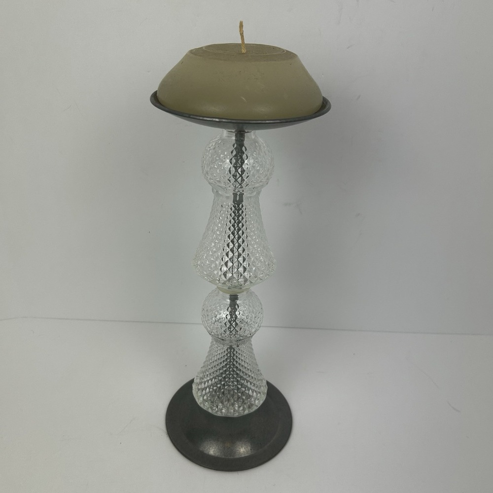 Vintage Pillar Candle Holder Diamond Cut Glass with Silver Gray Metal 12" tall